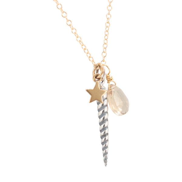 Unicorn Horn Charm Necklace with Quartz Gemstone, #6310-ss