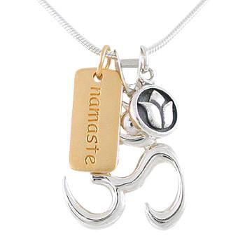 Om (Aum) Pendant, Lotus Flower & Namaste Charm Necklace in Sterling Silver & Gold Plated Sterling Silver, #8457S