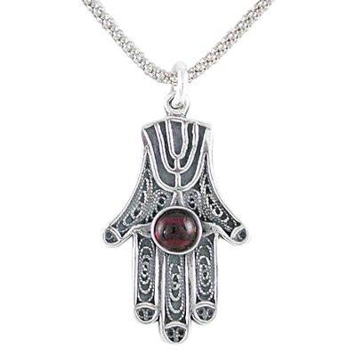 Sterling Silver Hamsa Hand Necklace with Garnet, #8386-ss