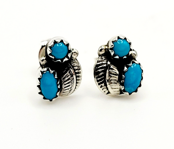 Navajo Betty Hawthorne Handmade Turquoise Sterling Silver Leaf Stud Earrings