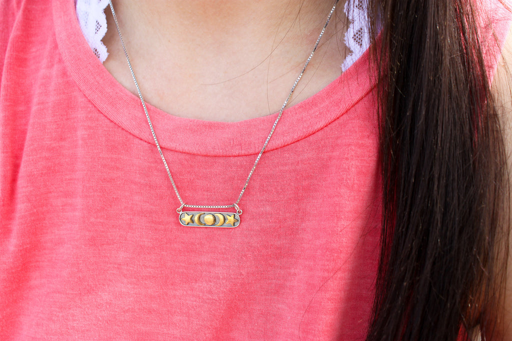 Celestial Bar Necklace with Sun, Moon, and Stars, #6356-ss