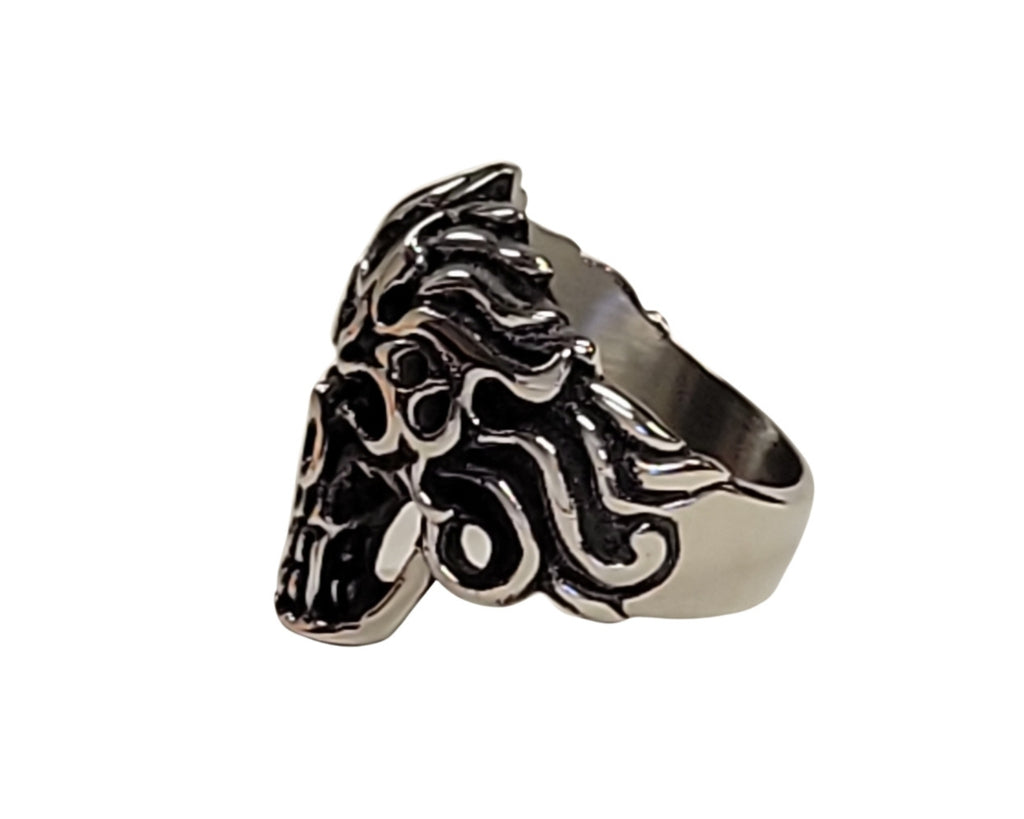 Heavy Flame Fire Skull Biker Stainless Steel Ring Size 10-14