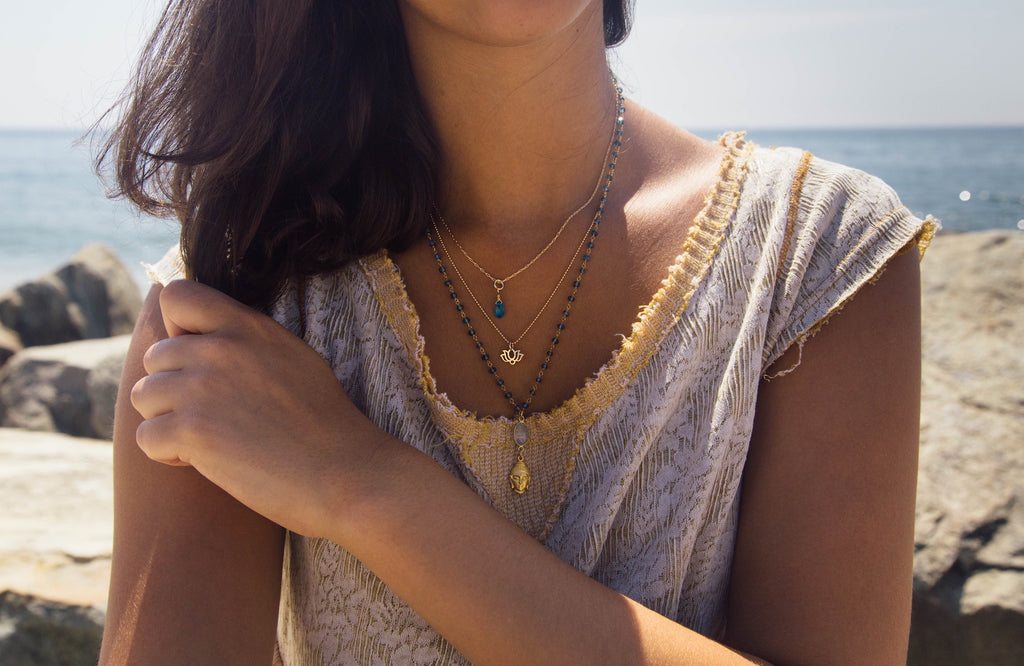 Dainty Throat Chakra Necklace with Dark Apatite Briolette on Gold Filled Chain, #6589-yg