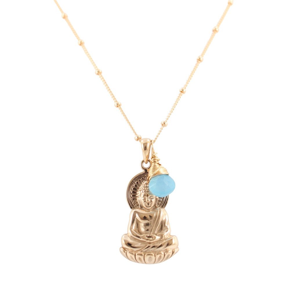 Bronze Buddha Necklace with Blue Chalcedony Briolette, #6848-brz