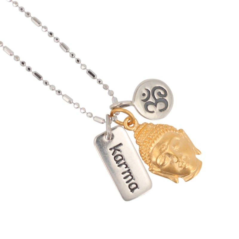 Karma, Buddha, and OM (Ohm) Charm Necklace, #7026-ss