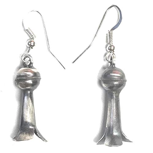 Navajo Hand Crafted Medium Squash Blossom Sterling Silver Hook Dangle Earrings